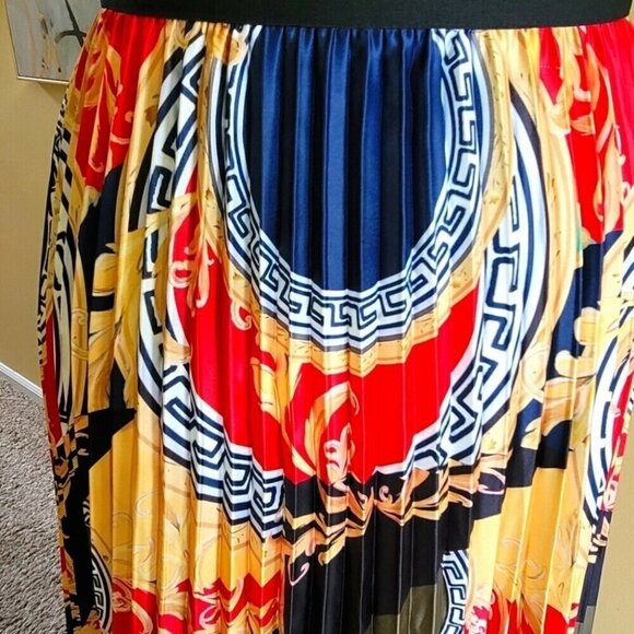 Plus Pleated Versace Inspired Floral Printed Long High Waist Colored Skirt 2X - Picture 3 of 5